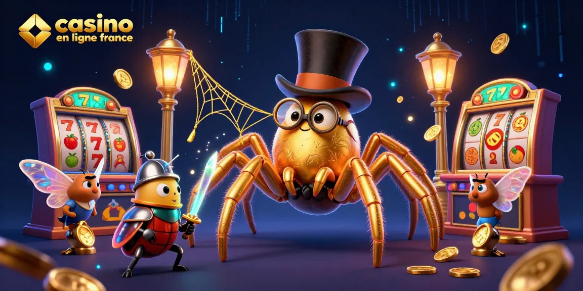 Illustration captivante de casino en ligne France avec des personnages fantastiques et des éléments de machines à sous.