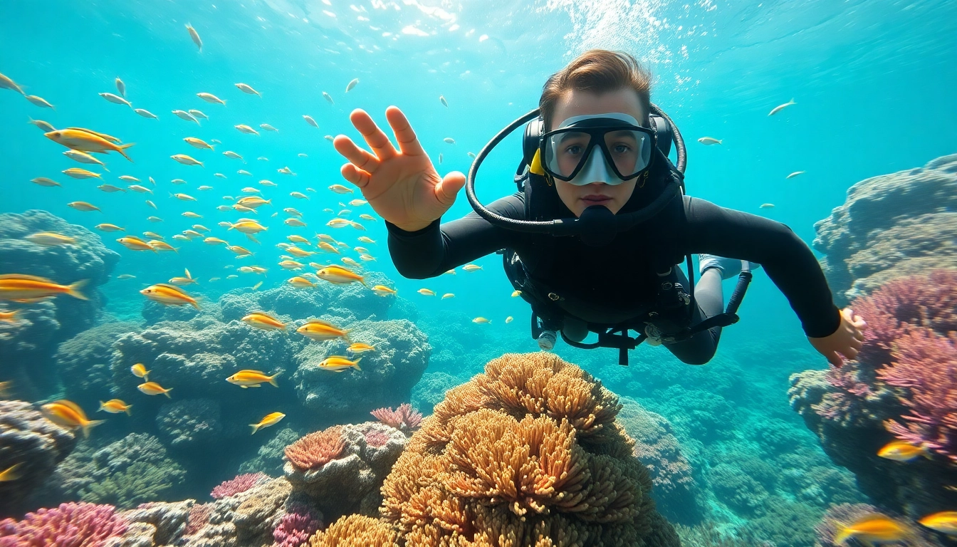 Tauchen in einem lebendigen Korallenriff mit bunten Fischen um den Taucher herum.