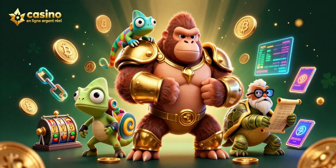 Découvrez le casino en ligne argent réel avec une scène dynamique de gorille, caméléon et tortue, entourés d'éléments de jeu.