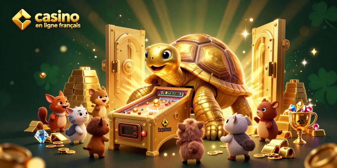 Profitez d'une ambiance animée au casino en ligne français avec une tortue dorée et des trésors scintillants.
