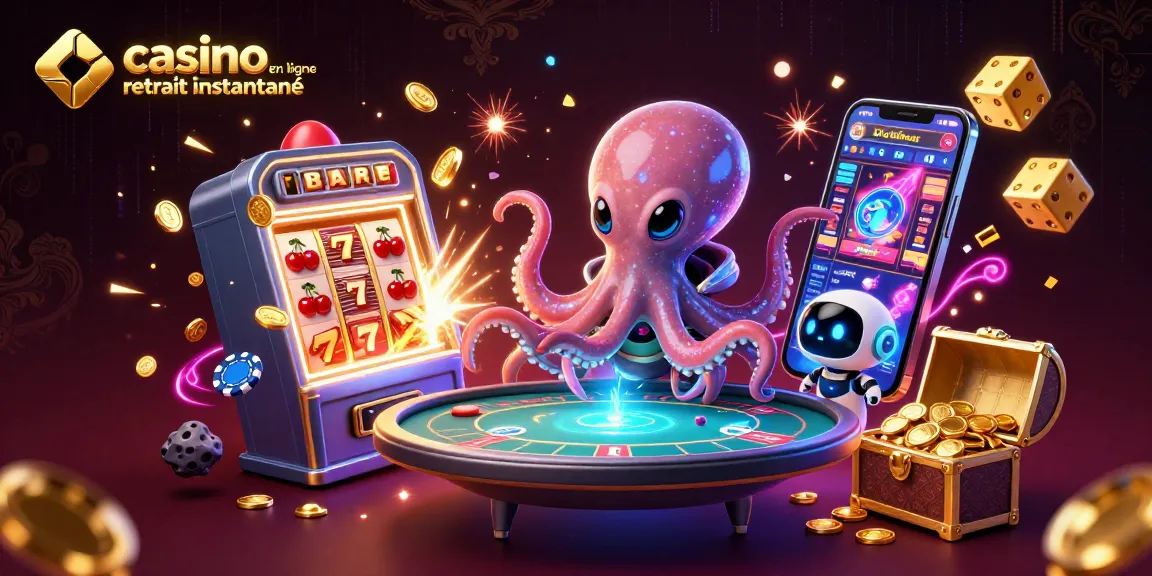 Gagnez avec le casino en ligne retrait instantané illustré par un octopus extraterrestre et une machine à sous explosive.