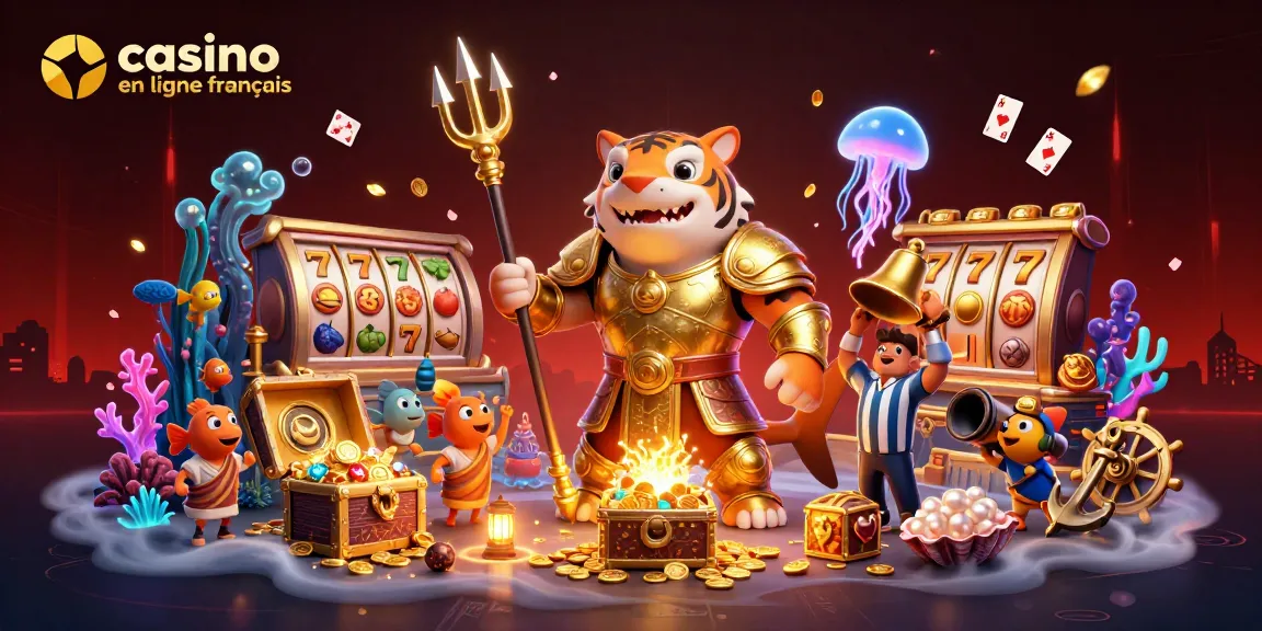Le casino en ligne français présente une scène dynamique d'un requin tigre 3D en armure dorée avec des éléments de jeu tels que des rouleaux de machines à sous et des pièces d'or.