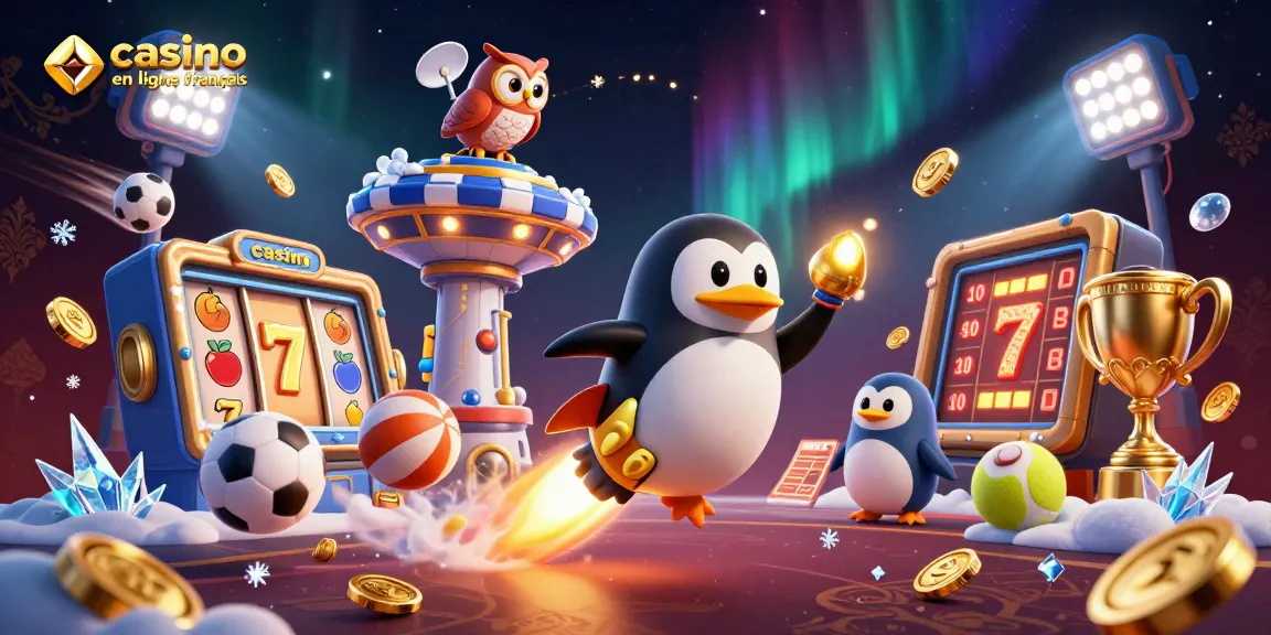 Casino en ligne français : Découvrez un jeu dynamique avec des symboles de machines à sous et un pingouin doré.