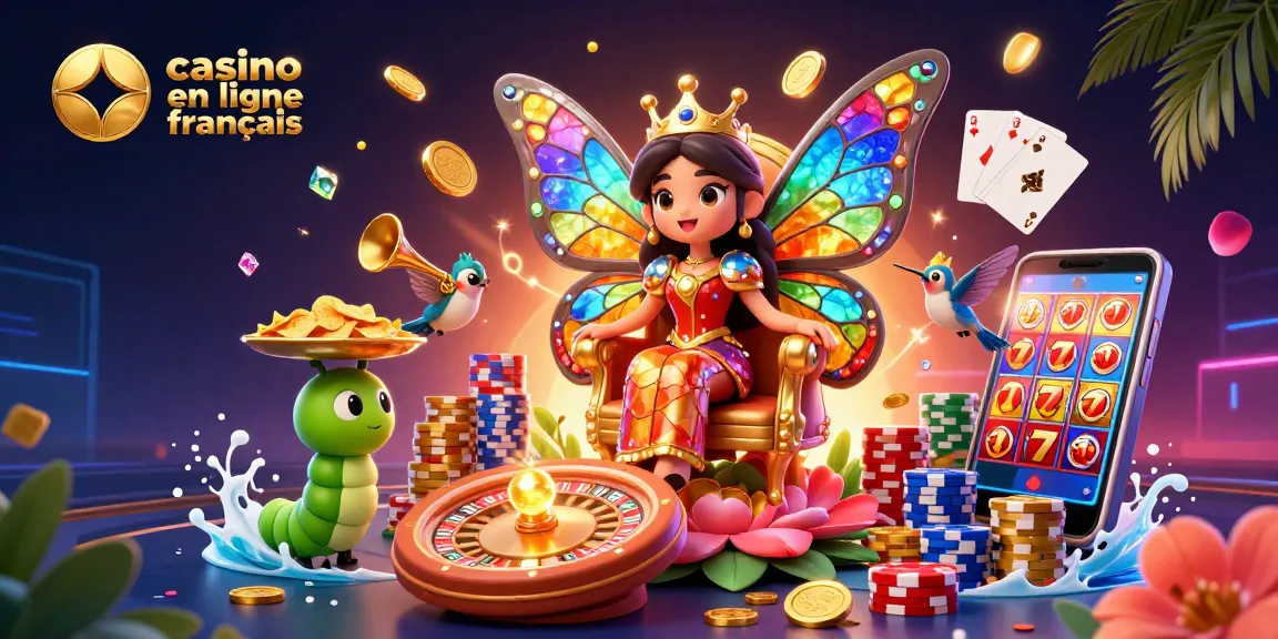 Casino en ligne français : image vibrante d'une reine papillon entourée de jetons et de pièces d'or.