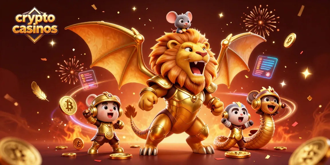 Les crypto casinos s'animent avec une créature chimère triomphante et des pièces flottantes.