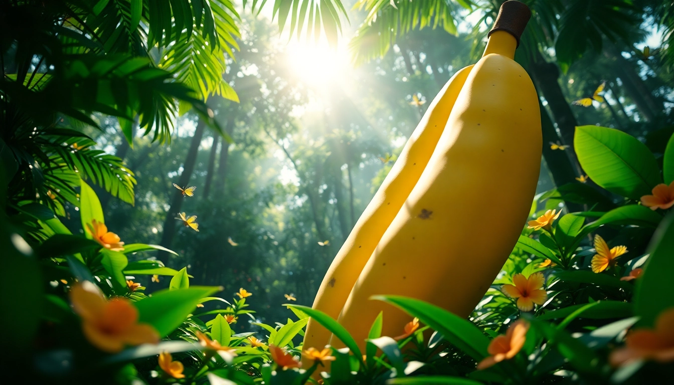 Cheerful scene showcasing a large nano banana amidst a vibrant rainforest, surrounded by lush greenery.