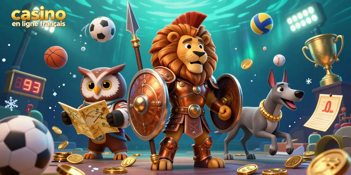 Illustration 3D dynamique représentant un lion en armure et des éléments de casino en ligne français remplis de pièces et de trophées.