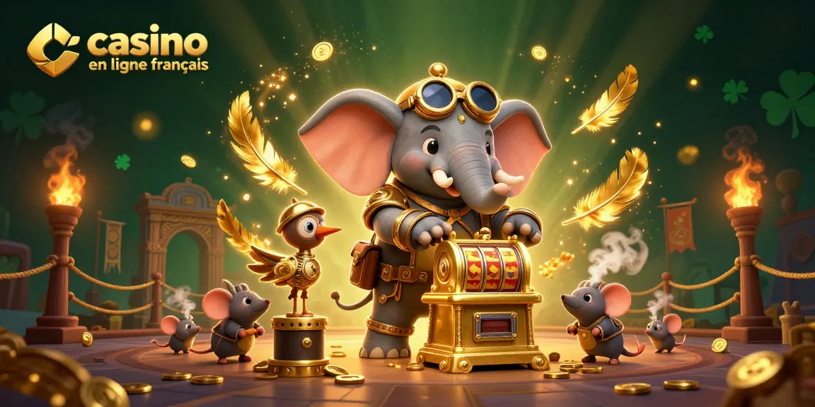 Une illustration casino en ligne français animée montrant un éléphant steampunk à une machine à sous, entouré d'éléments de jeux de hasard.