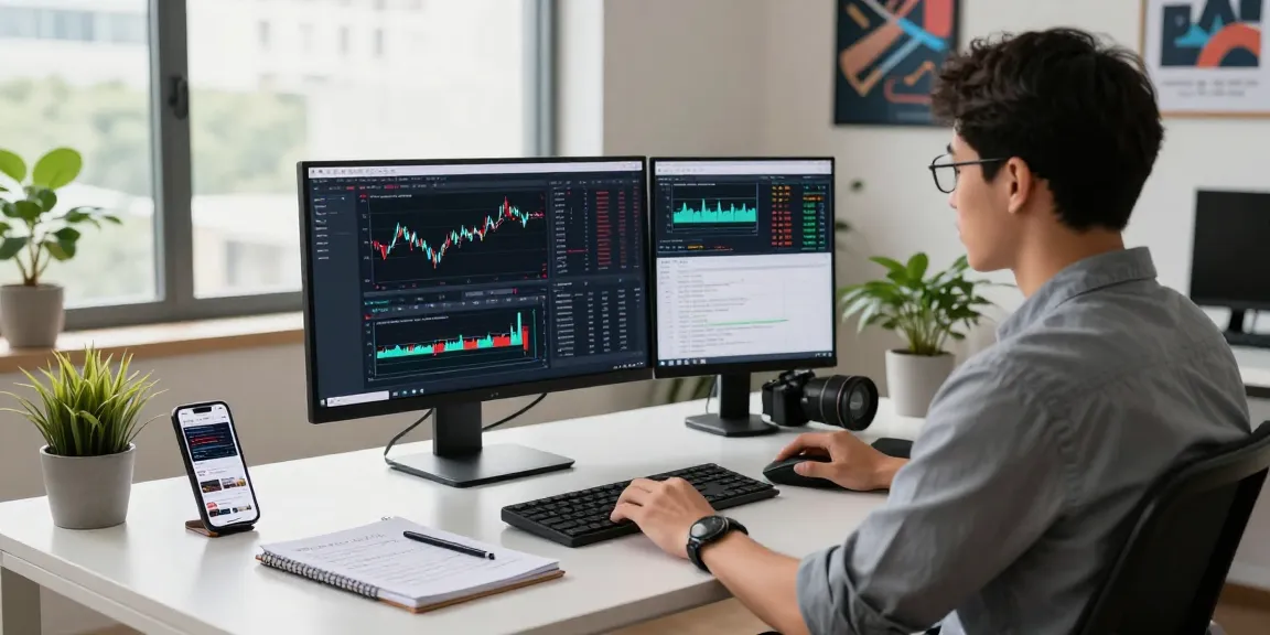 Developer analyzing Singapore stock historical Kline API data on monitors in a modern workspace.