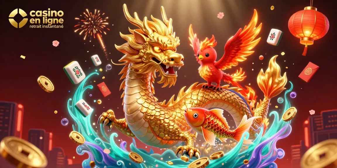 Expérimentez le casino en ligne retrait instantané avec un dragon doré et un phénix coloré en 3D.