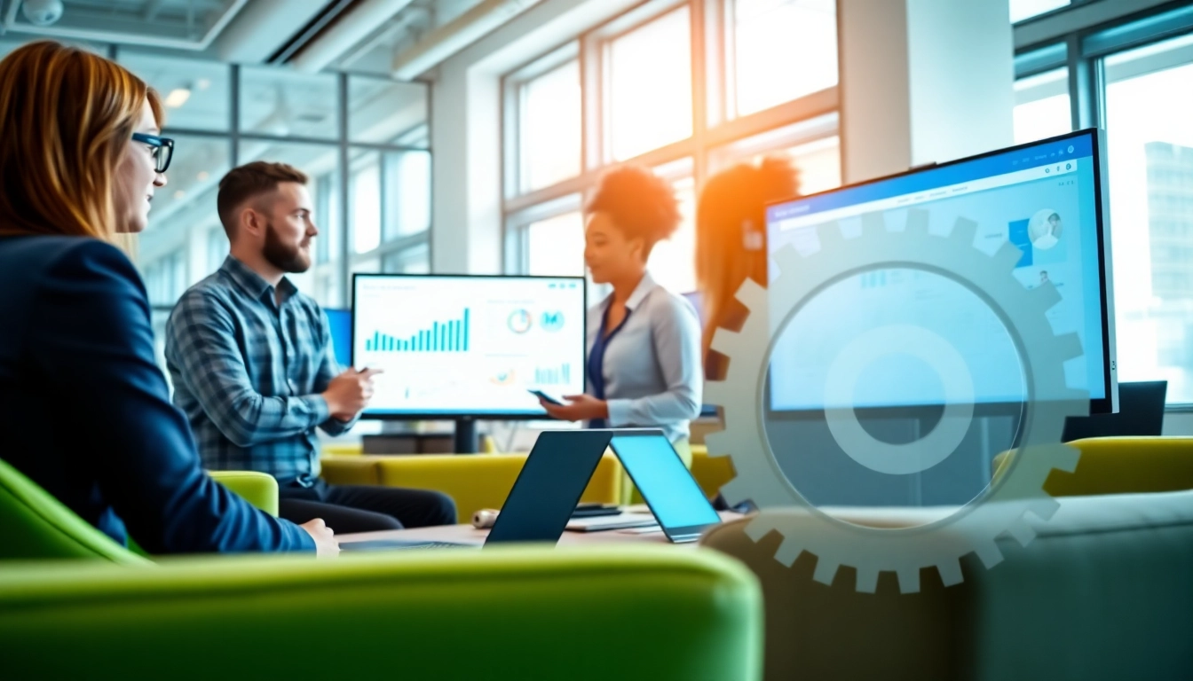 Utilizing enterprise assistant software in a collaborative workspace filled with modern technology.
