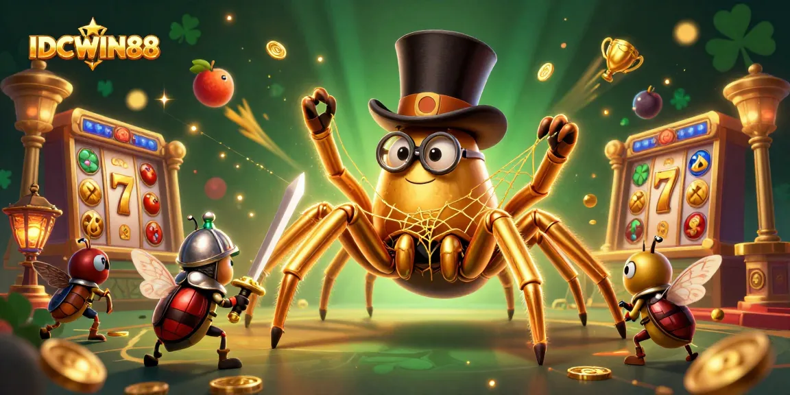Engage with IDCWIN88's thrilling slot games, featuring golden tarantula and beetle knights in action.