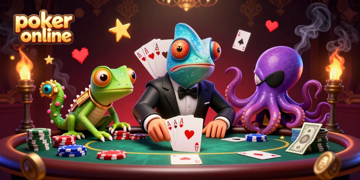Maîtrisez le poker en ligne avec cette illustration dynamique de chameleon agent, un gecko innovant et un octopus, remplie de jeux de cartes.