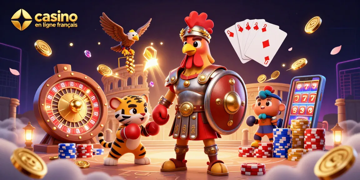 Illustration de casino en ligne français avec un coq gladiateur et un tigre, une ambiance dynamique et colorée.