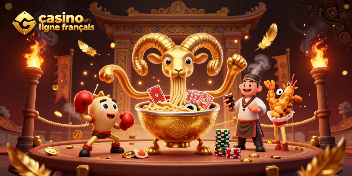 Amusez-vous dans un casino en ligne français avec un ramen géant et ses amis animés dans une scène dynamique.