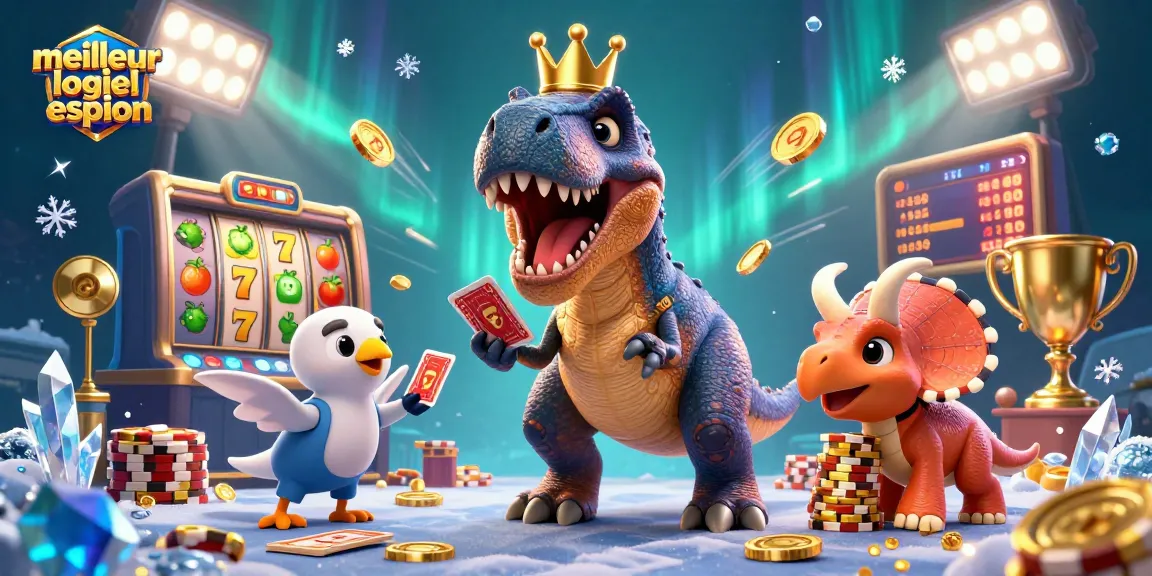 Le meilleur logiciel espion pour surveiller les jeux à distance, avec un T-Rex distribuant des cartes dans une ambiance dynamique.