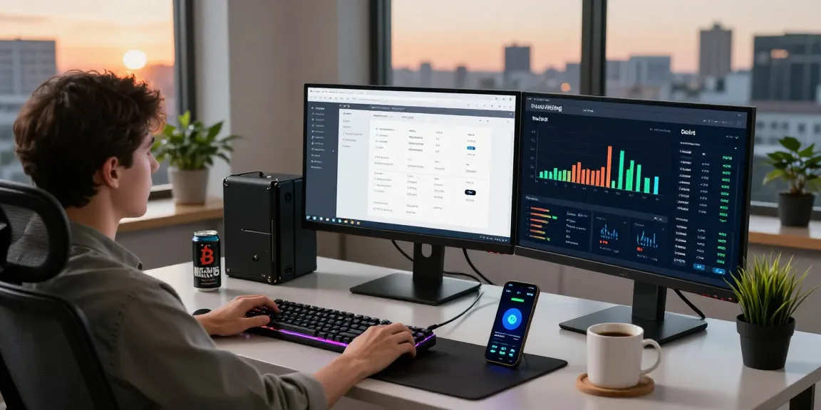 Exploring the best cloud mining platform 2026 setup with advanced blockchain technology in a modern office, showcasing crypto and DeFi interfaces.