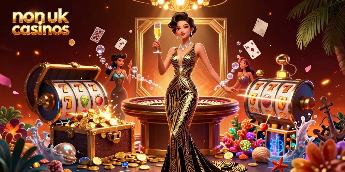 Experience thrilling action at non UK casinos with glamorous Asian woman sipping champagne beside a vintage roulette table.