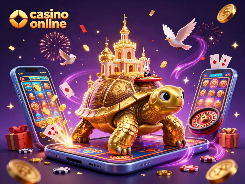 Disfruta de emocionantes experiencias en casino online con la ilustración de una tortuga dorada y un crupier.