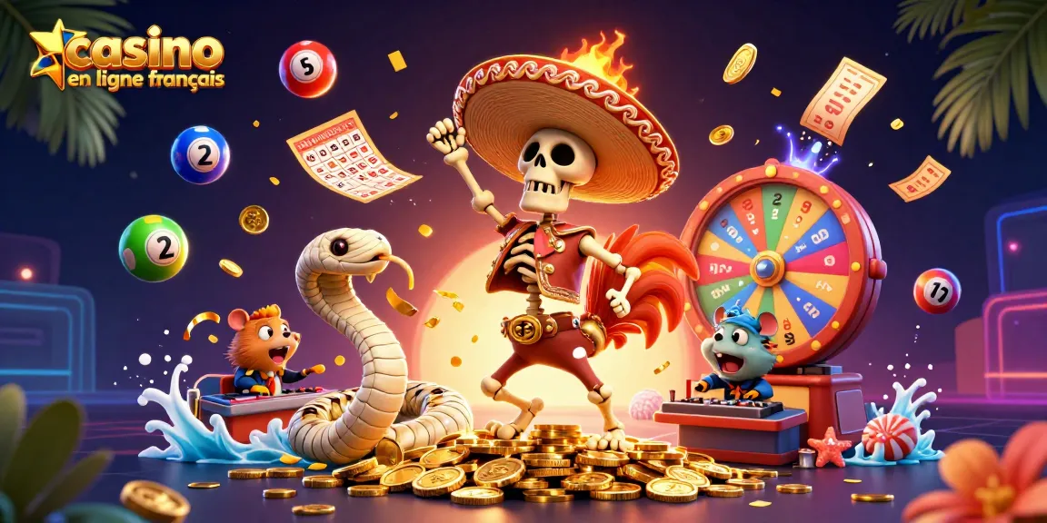 Plongée dans l'univers du casino en ligne français avec un danseur de poulet, des ballons de loterie et des éléments de jeu.