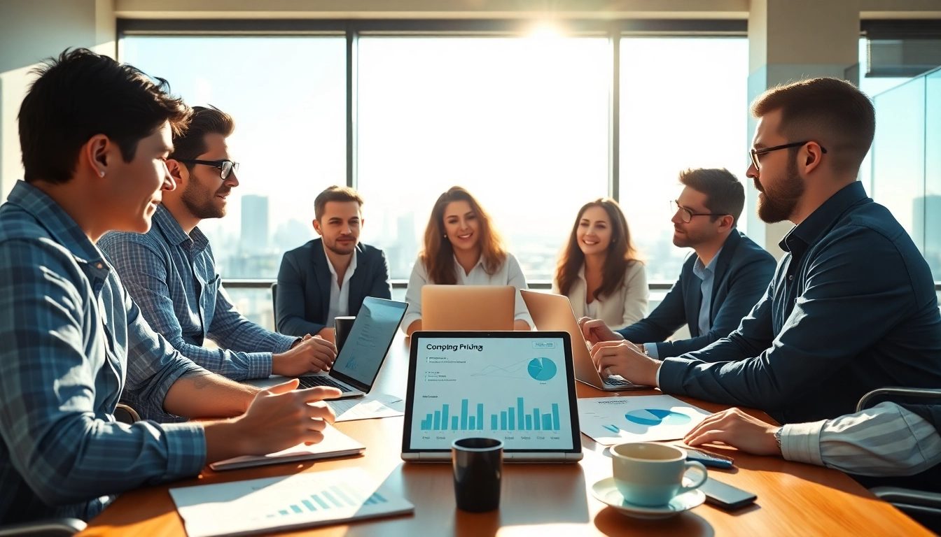 Analyze competitor pricing strategies through professional team discussions in a modern office.