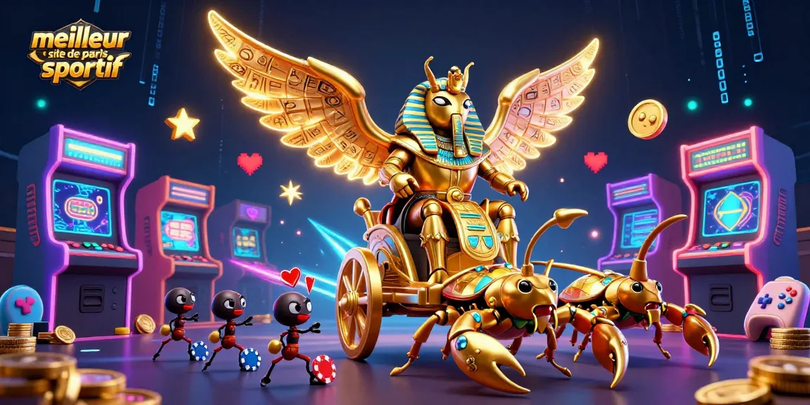 Image représentant le meilleur site de paris sportif avec un scarabée colossal doré et des scorpions, entourés de machines de jeu.