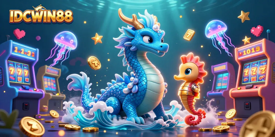 Engage in thrilling slot adventures with IDCWIN88's vibrant underwater illustration featuring exciting game elements.