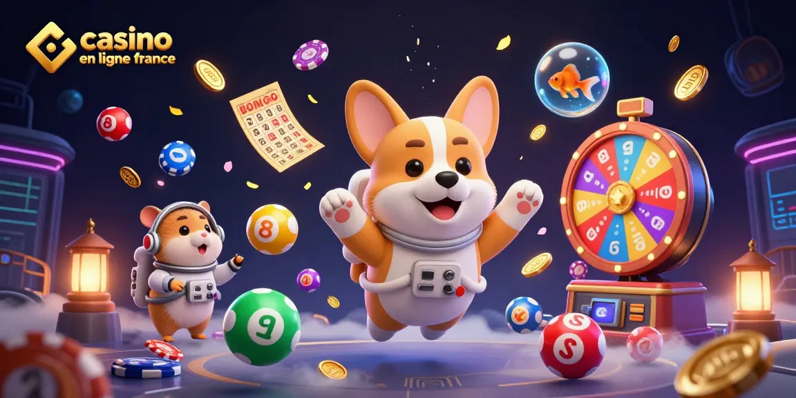 Illustration dynamique de casino en ligne en France avec des personnages flottants et des éléments de jeu captivants.