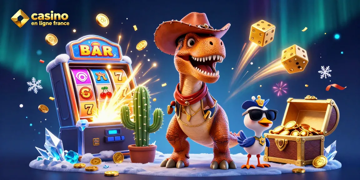 Jouer au casino en ligne France avec un T-Rex, cactus et un oiseau dans un univers vibrant.