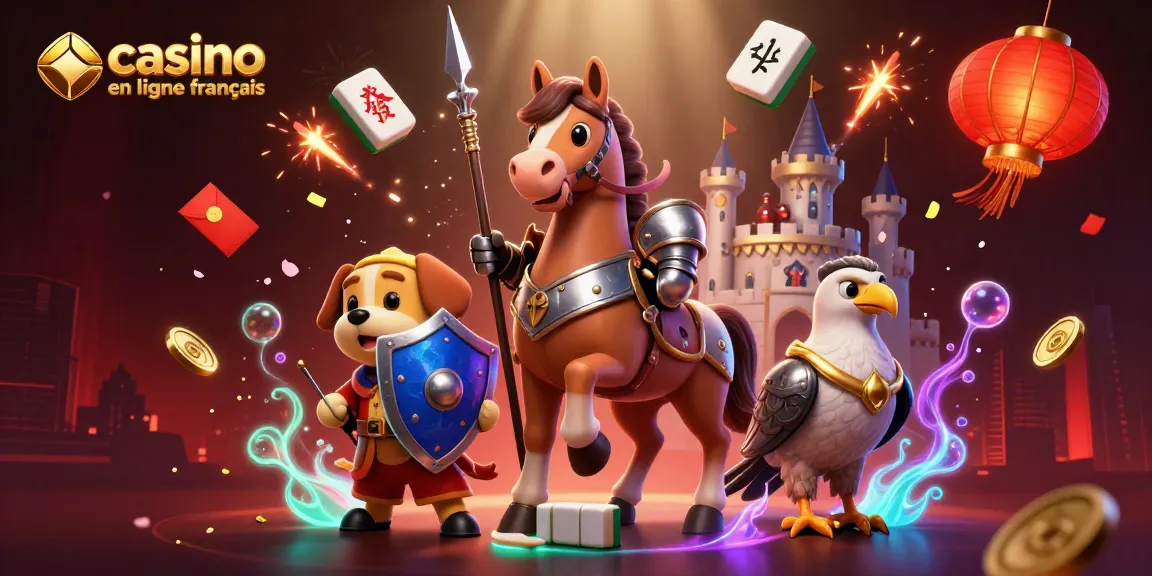 Illustration dynamique de personnages de casino en ligne français avec effets dorés et éléments ludiques