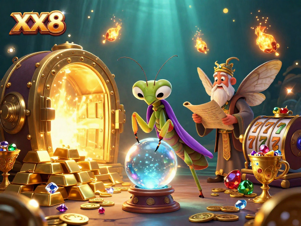 Experience the magical allure of XX 8 with a vibrant casino-themed illustration full of treasures.