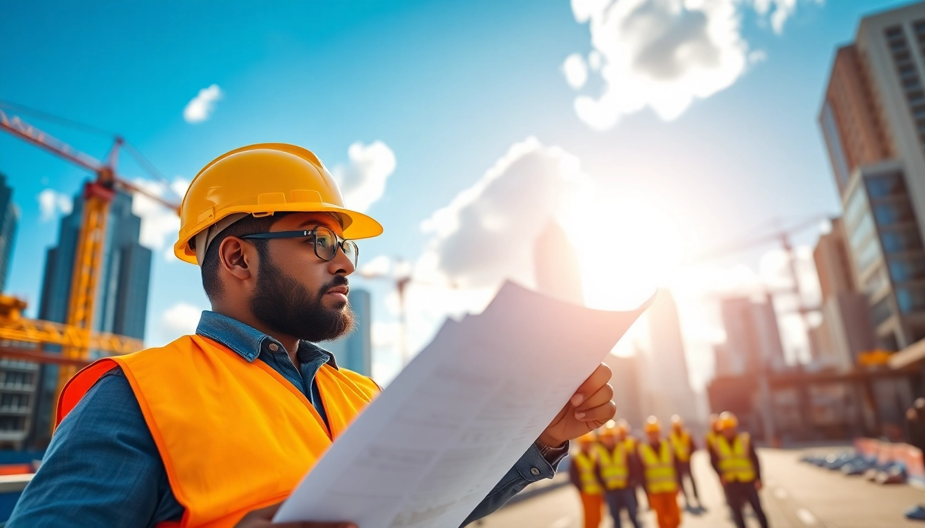 Manhattan Construction Manager guiding a team on-site with blueprints in hand.