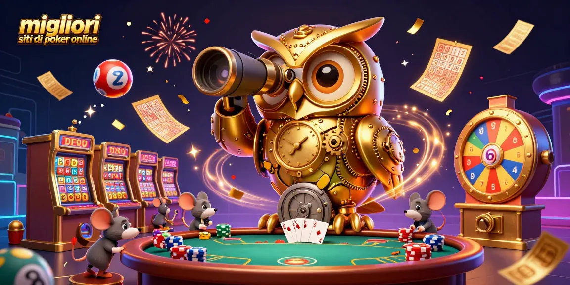 I migliori siti di poker online presentano un'affascinante scena di gioco con un gufo d'orologeria e tavoli da poker