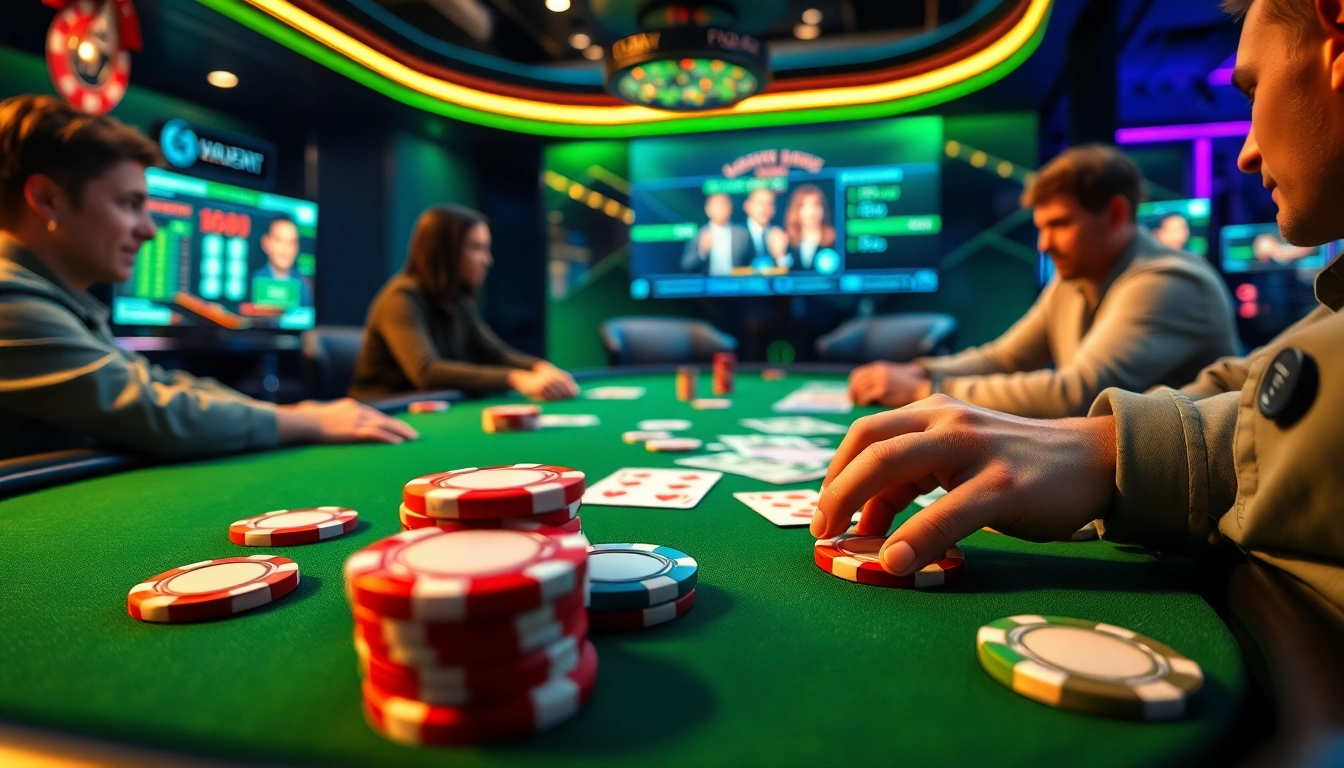 Bermain poker online game dengan kartu dan chip virtual yang memikat dalam suasana teknologi canggih.