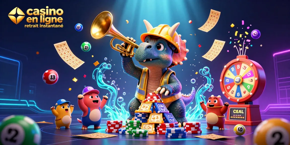 Vibrante illustration de jeu avec "casino en ligne retrait instantané", tricératops et loterie en fête