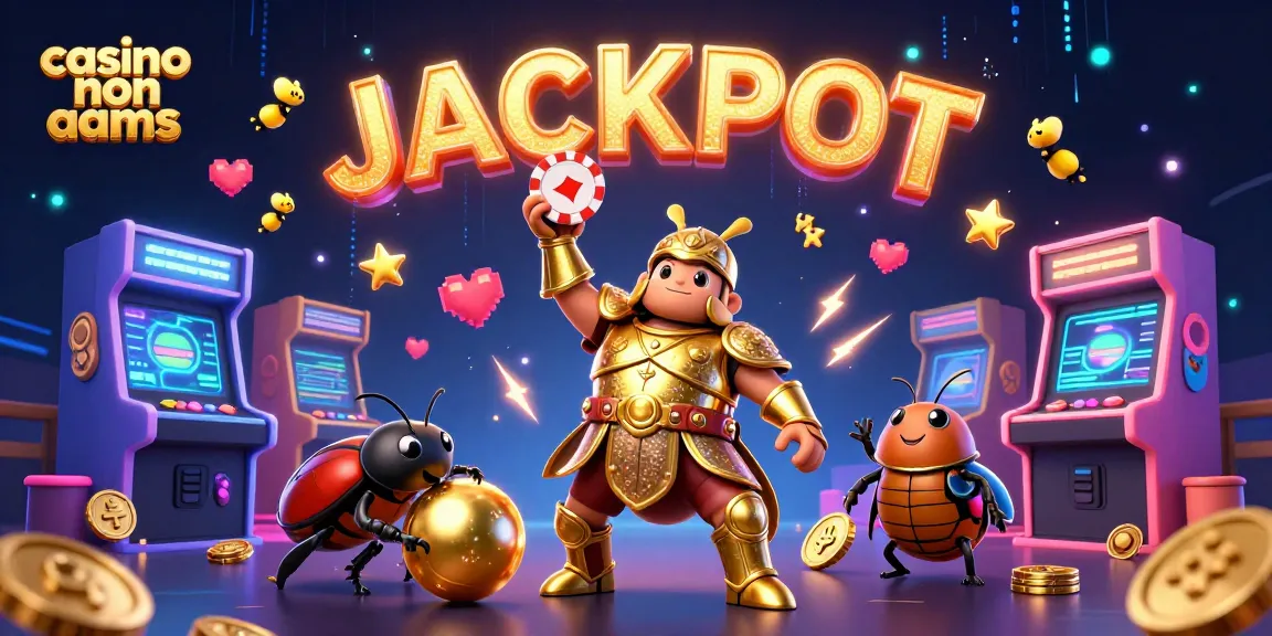 Giocatori in un casino non aams si divertono con un'illustrazione vivace di un coleottero erculeo e giochi luminosi.