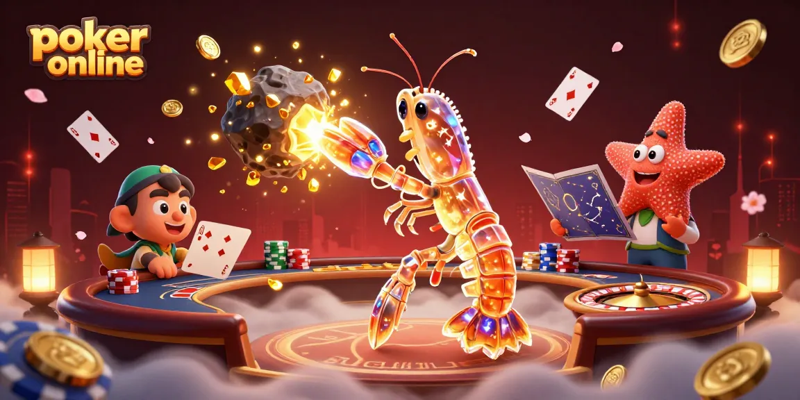 Jouer au poker en ligne avec une mantis crevette guerrière et des éléments de jeu explosifs autour.