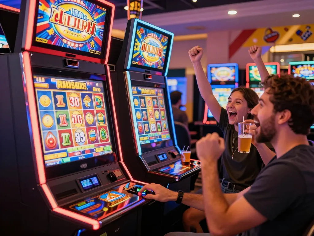 Players enjoying the excitement of slot machines, looking for a slot bonus new member 100 di awal as they cheer and celebrate wins.
