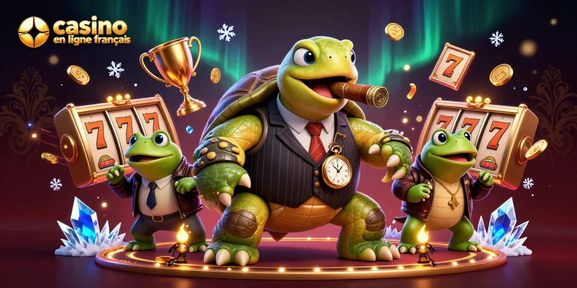 Illustration d'un casino en ligne français avec une tortue massive en costume, symboles de jackpot et pièces d'or dynamiques.