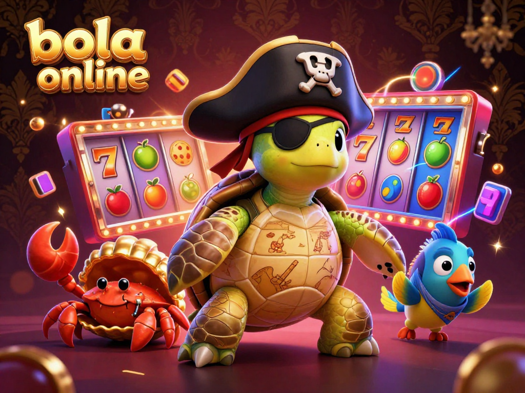 Engage in thrilling bola online adventures with a colorful casino scene featuring a pirate turtle and vibrant slot machines.