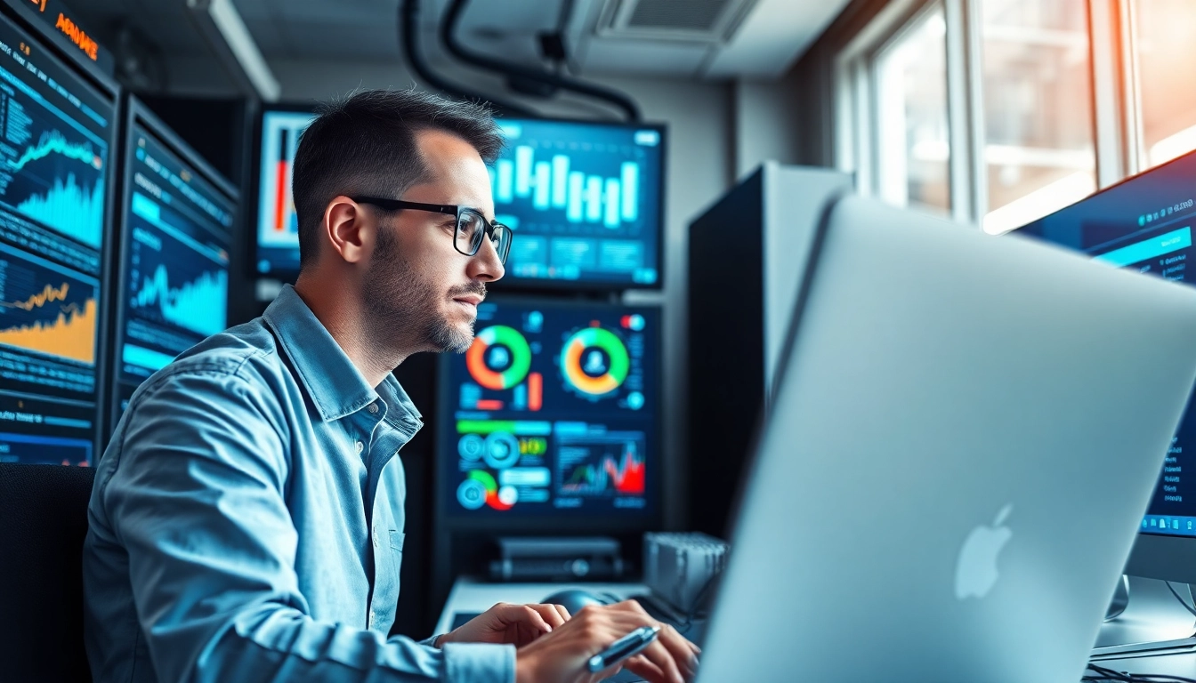 Explore managed it services near me with an IT specialist in a modern office filled with technology.
