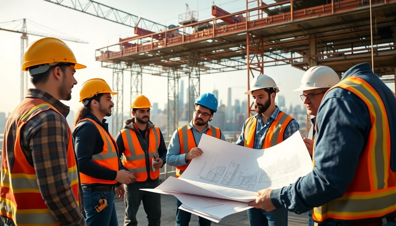 Manhattan Commercial General Contractor overseeing a diverse crew on a bustling construction site.
