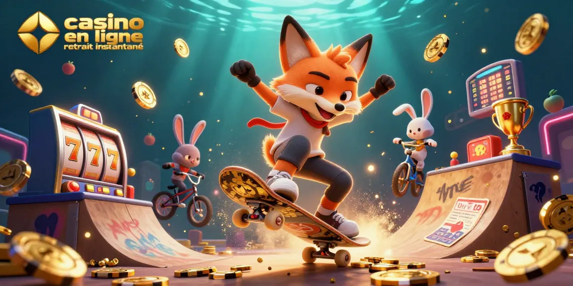 Illustration dynamique de casino en ligne retrait instantané avec un renard sur un skate au-dessus de jetons dorés et un lapin sur BMX.