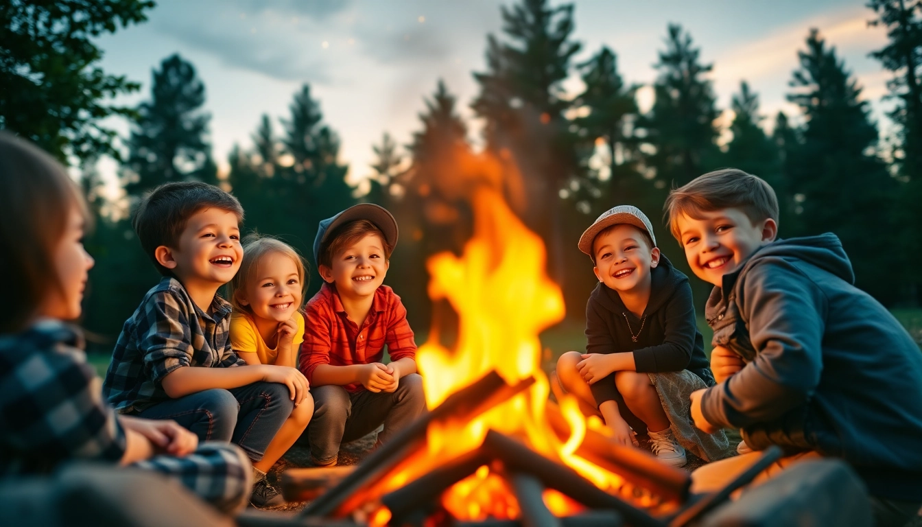 Capture a joyful moment of a child enjoying their first time at overnight camps around a campfire with friends.