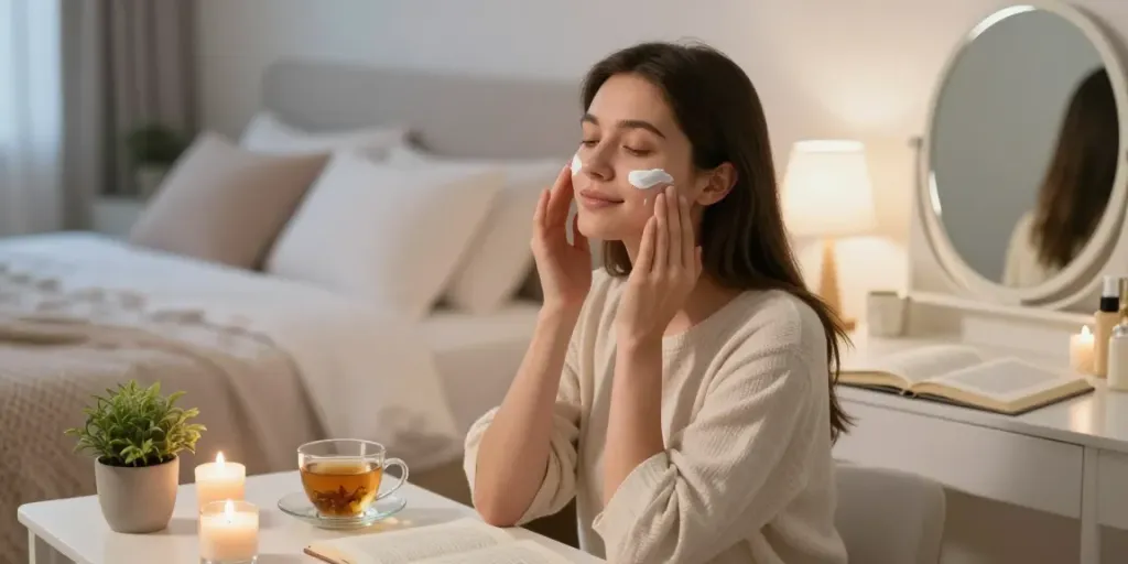 Woman applying zinc oxide cream for face in a serene nighttime skincare routine at a cozy vanity.
