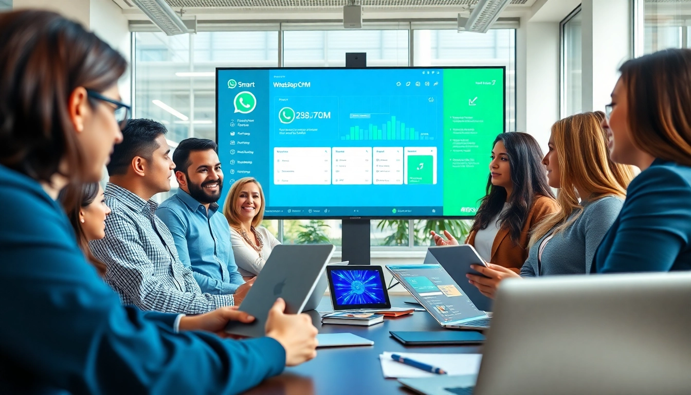 Team discussing strategies with WhatsApp Smart CRM dashboard in a modern office environment.