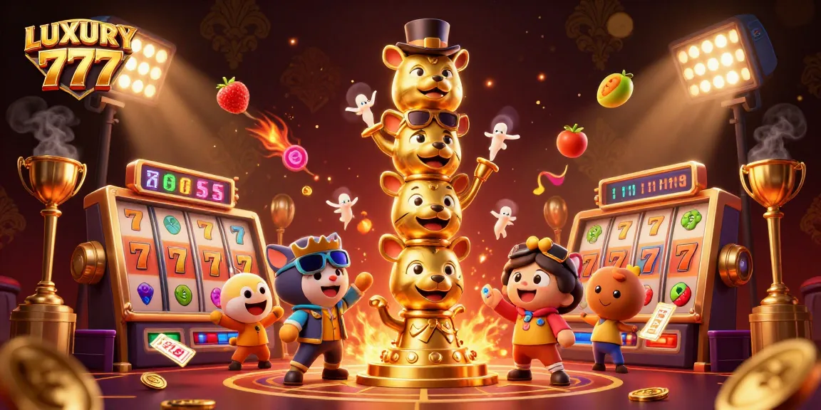 Menghadirkan kemewahan LUXURY 777 dengan simbol slot dan totem mencolok di kasino.