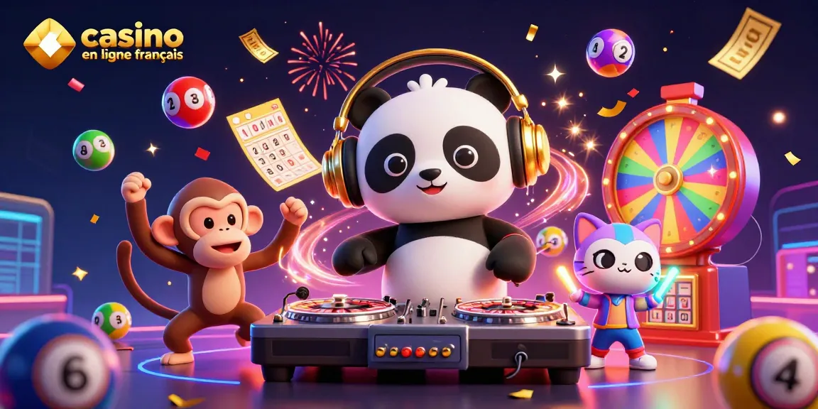 Jeux de casino en ligne français animés par un panda DJ et un singe danseur dans une scène festive.