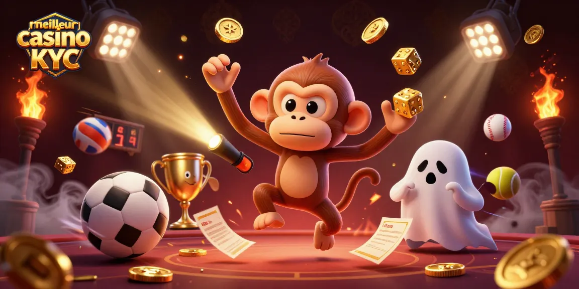 Jouez au meilleur casino sans KYC, où un singe poltergeist joyeux jongle avec des pièces d'or dans un casino animé.