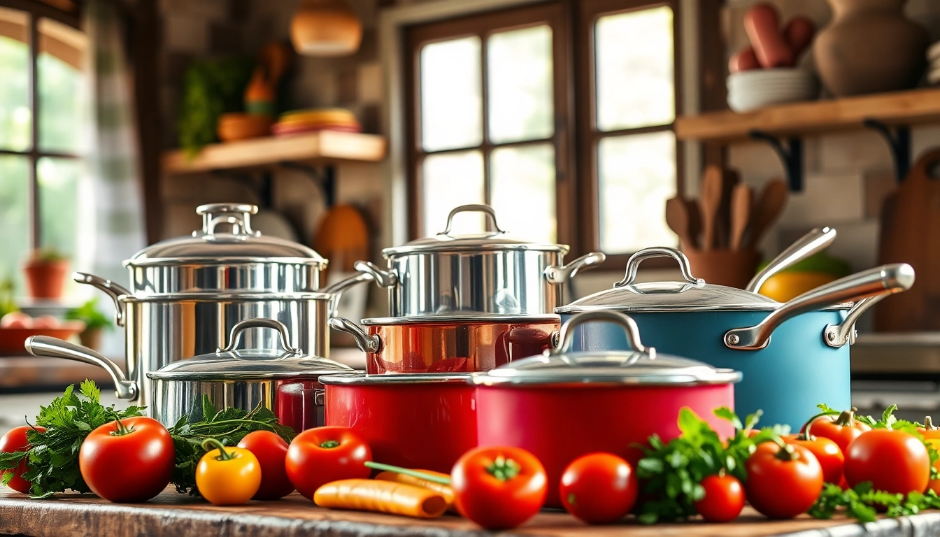 Showcasing cookware on a rustic countertop with fresh herbs and vegetables.
